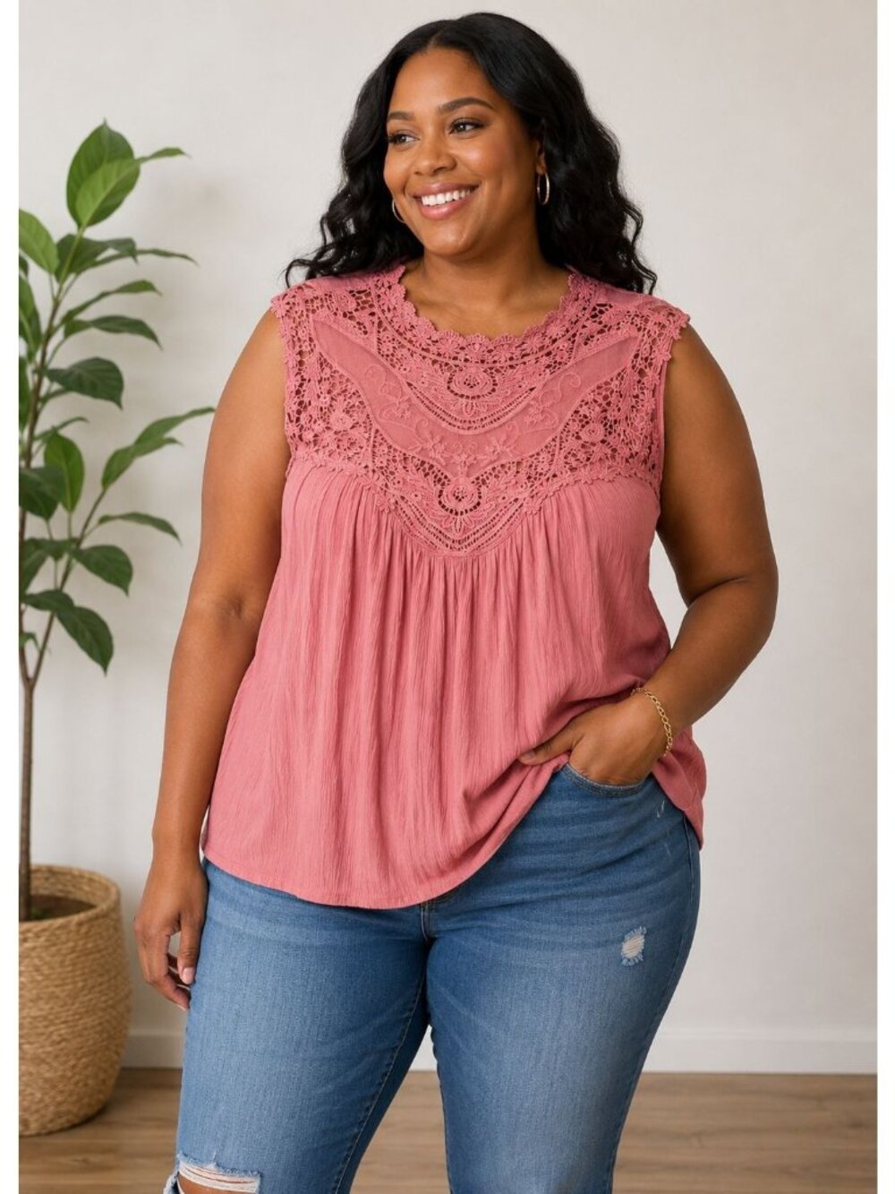Torrid Dusty Rose Crochet Trim Tank Top Plus Size Sleeveless Boho 3x